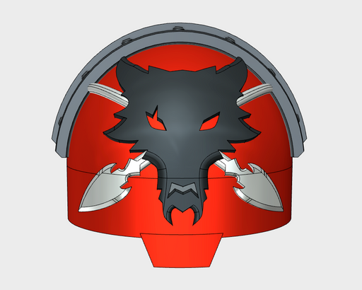 Terminator shoulder pad with a wolf design and red background on a gray background